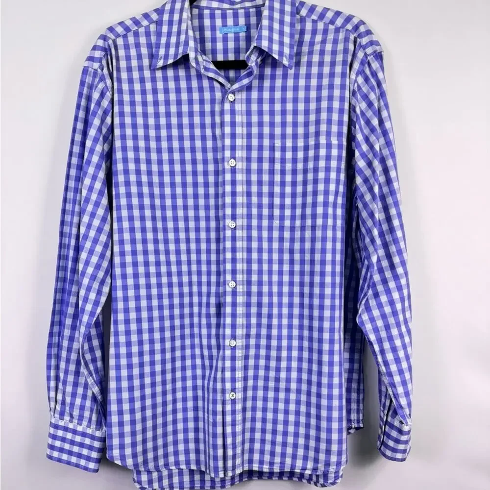 J.McLaughlin Blue White Gingham Check Button Down Dress Shirt Men’s Size Medium - Picture 3 of 8